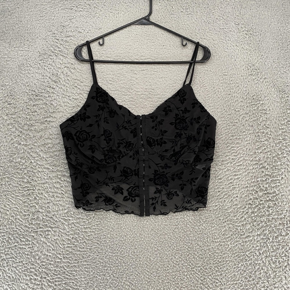 Y2K Burnout Velvet Tank Top Womens 2X Black Floral Mesh Cami Crop Hook Front